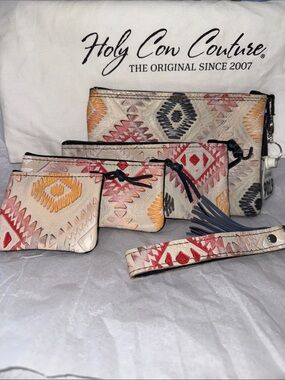 Holy Cow Couture Beige Aztec Wristlet - pouch Set with Key chains